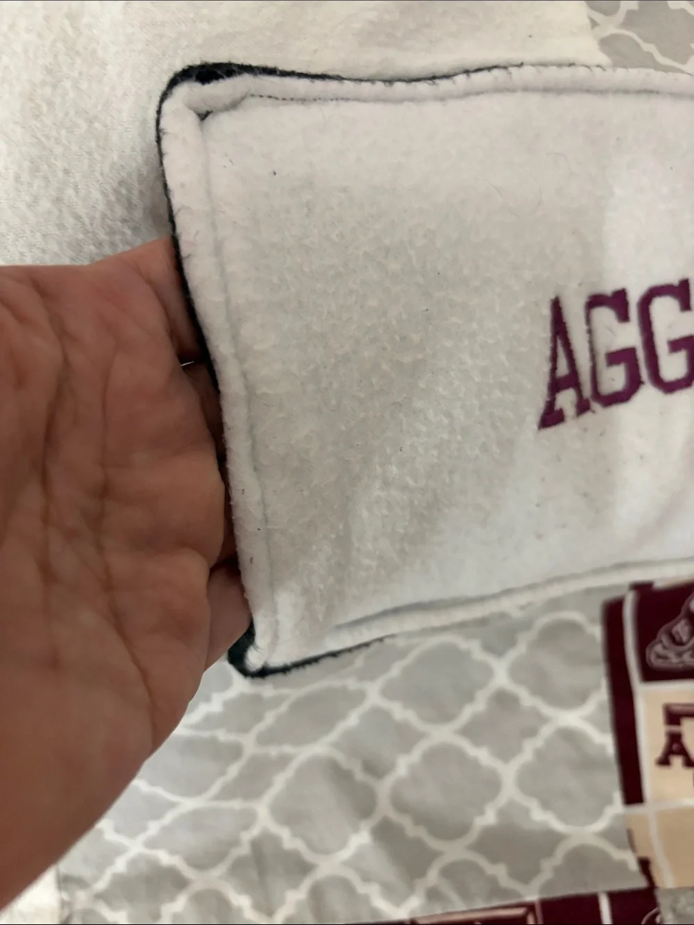 Texas A&M Aggies Patchwork Throw Blanket - Maroon & White Hand Pocket in front